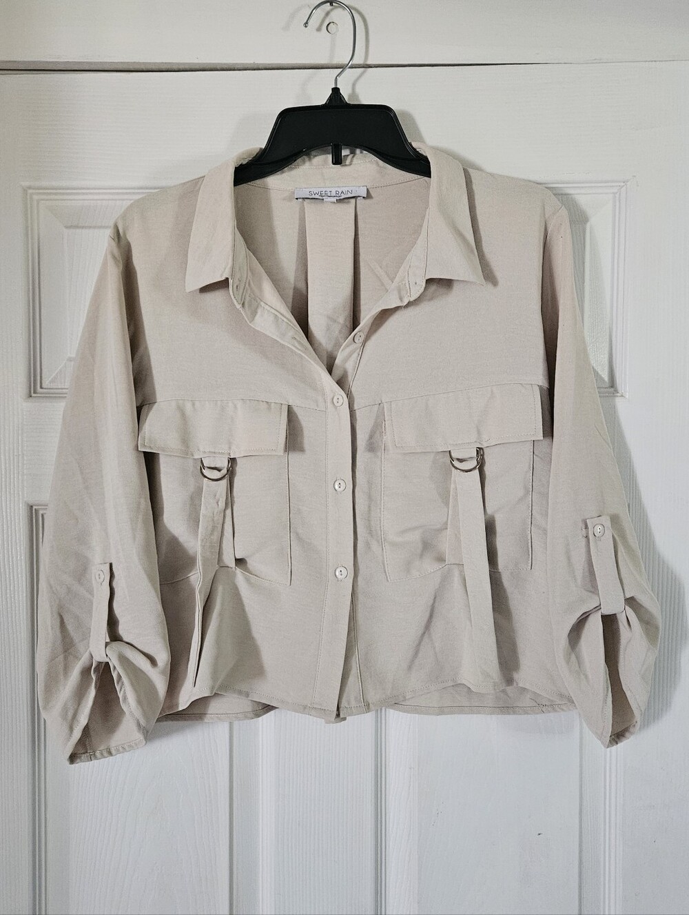 Sweet Rain Women's Beige Utility Shirt with Flap Pockets And D Rings.